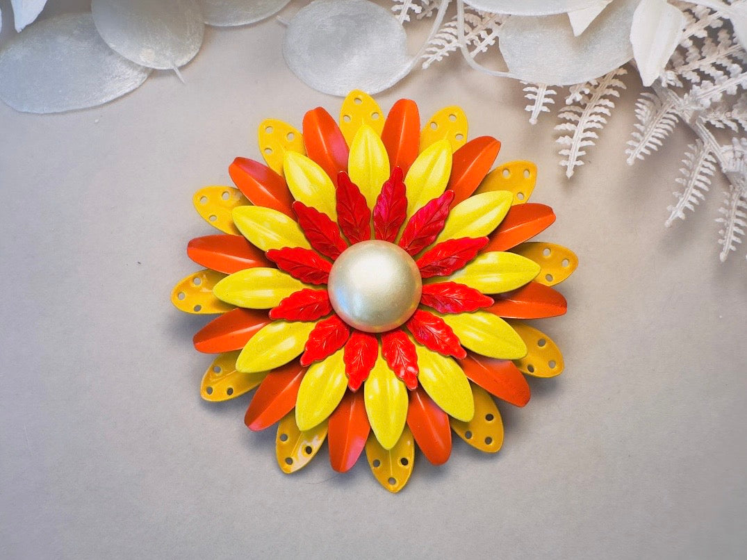 Huge Vintage Flower Brooch, Oversized 1960s Mod Flower Power Enamel Pin in Yellow Orange + Red, Colorful Floral Pin with Pearl Center