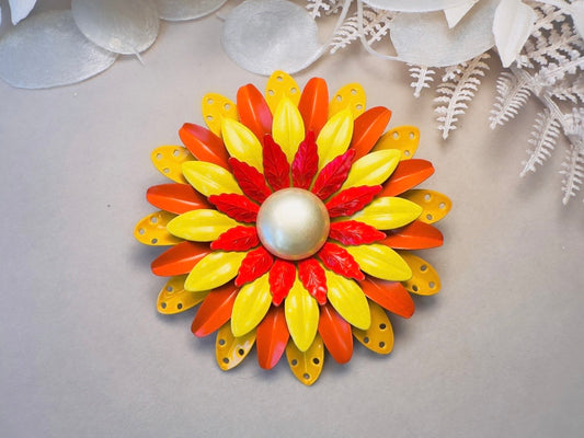 Huge Vintage Flower Brooch, Oversized 1960s Mod Flower Power Enamel Pin in Yellow Orange + Red, Colorful Floral Pin with Pearl Center