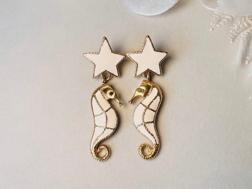 Trifari Seahorse Earrings, Vintage Gold Plated Cream Enamel Seahorses and Stars, Vintage Pierced Dangle Stud Earrings, Designer Vintage