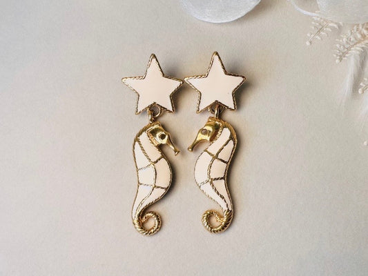 Trifari Seahorse Earrings, Vintage Gold Plated Cream Enamel Seahorses and Stars, Vintage Pierced Dangle Stud Earrings, Designer Vintage