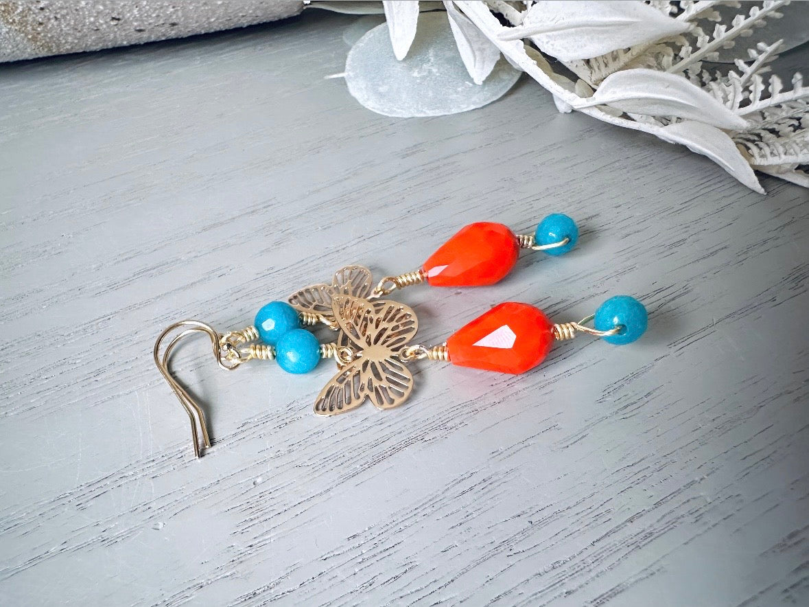 Handmade Butterfly Earrings, Bright Colorful 14k Gold Filigree Butterfly Dangle Earring, Turquoise Blue Agate & Vibrant Orange Crystal Drops