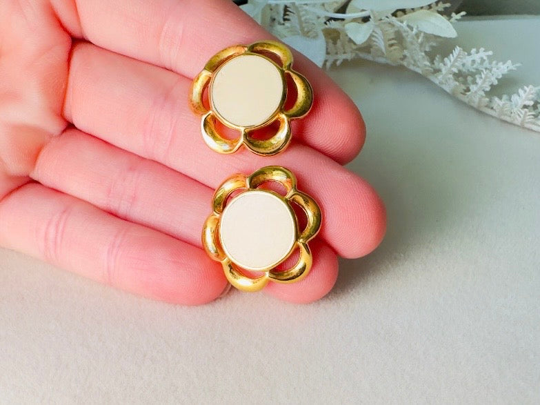 Gold Flower Earrings with Cream Enamel Center, Vintage Floral Post Earrings Signed JS