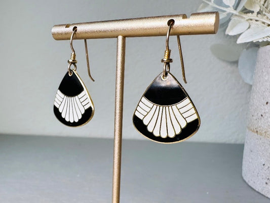 Laurel Burch Waterfall Earrings, Black and White Enamel Gold Plated 1980s Vintage Earrings, Cloisonne Dangle Earrings, French Ear Wires