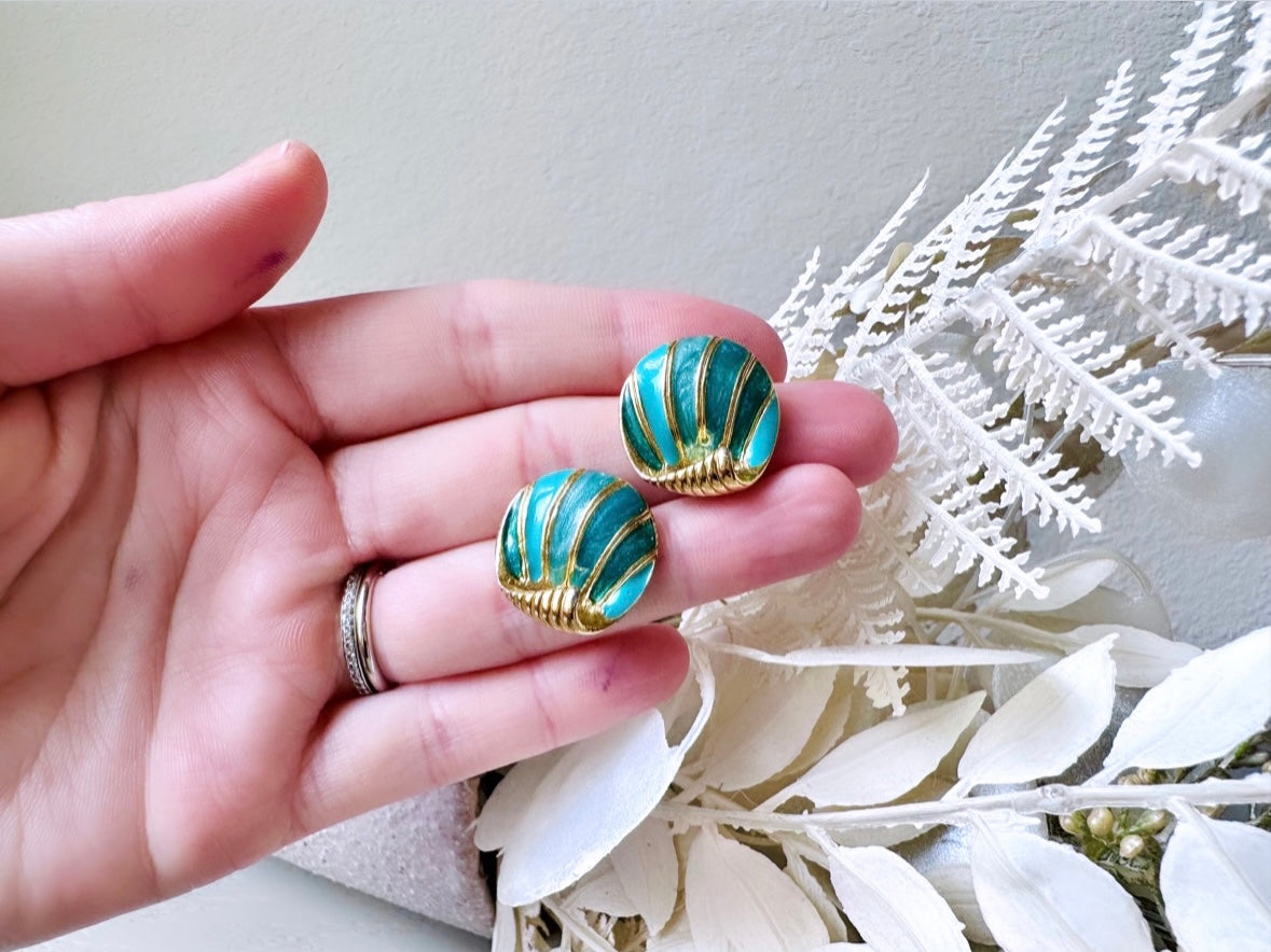 Vintage Shell Earrings, Mermaid Teal Blue Enamel Shell Pierced Earrings, Gold Beach Vintage Earrings, Pierced Vintage Seashell Earring Studs