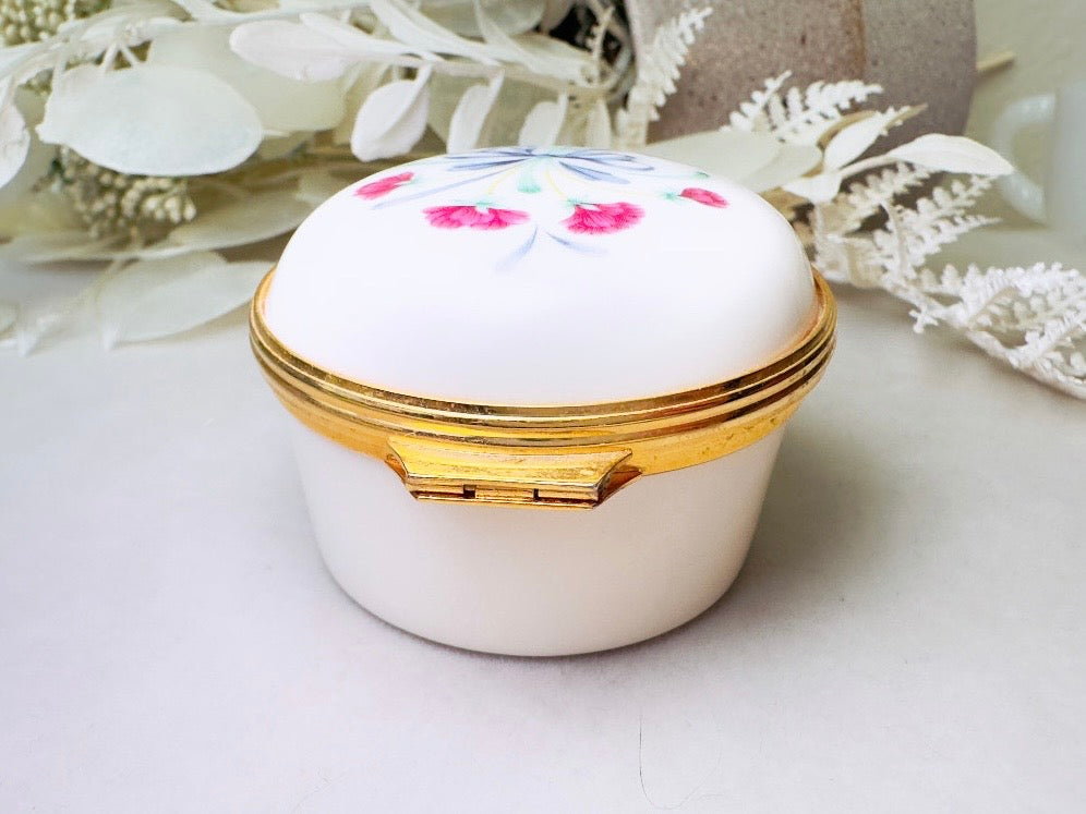 Vintage Lenox Trinket Box, Floral Porcelain Miniature Jewelry Box, Retired Cream Ceramic with Gold Accents, Pink Flowers, Blue Ribbon