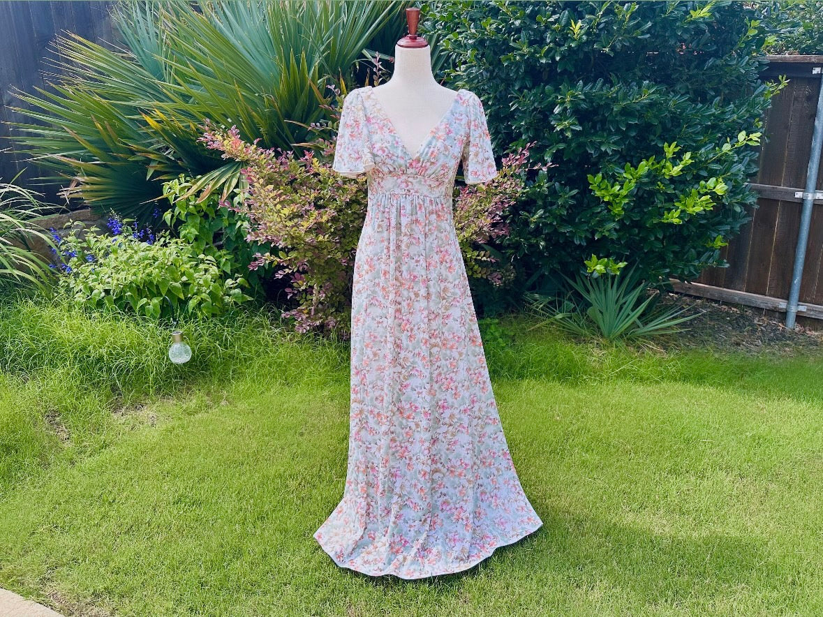 Vintage 1960s Dress, Orange + Pink Floral Nancy G Flower Maxi Dress, Whimsical Summer Long Dress Empire Waist V-Neck, Flutter Sleeves