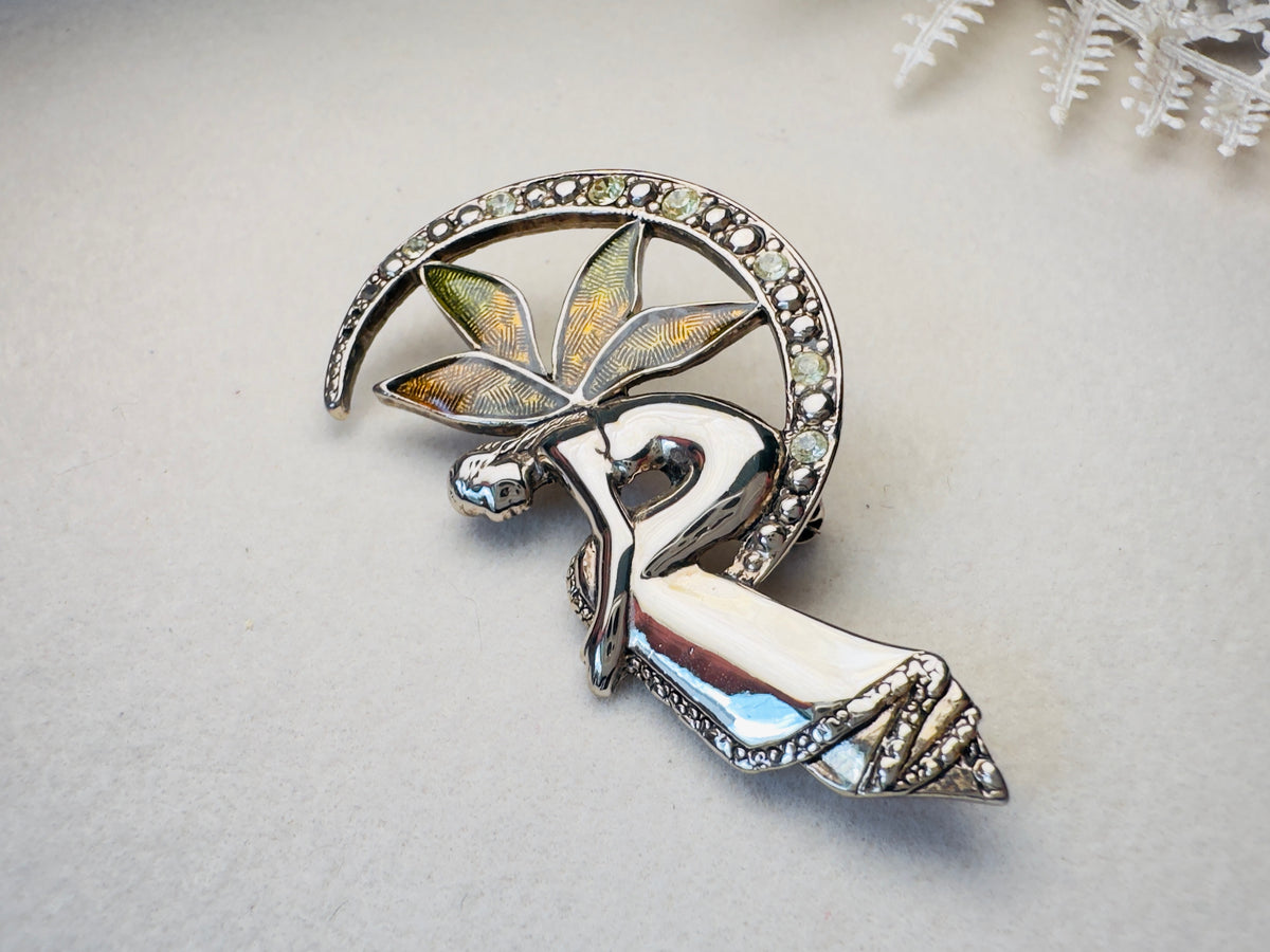 Vintage Liz Claiborne Enameled Fairy & Crescent Moon Brooch Pin