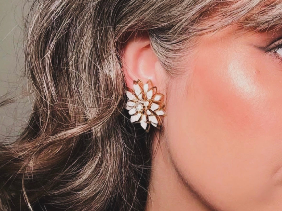 Vintage White Earrings, Floral White and Gold Clip On Earrings, Gorgeous Vintage 1960s Flower Earrings with Silver Glitter Rhinestone