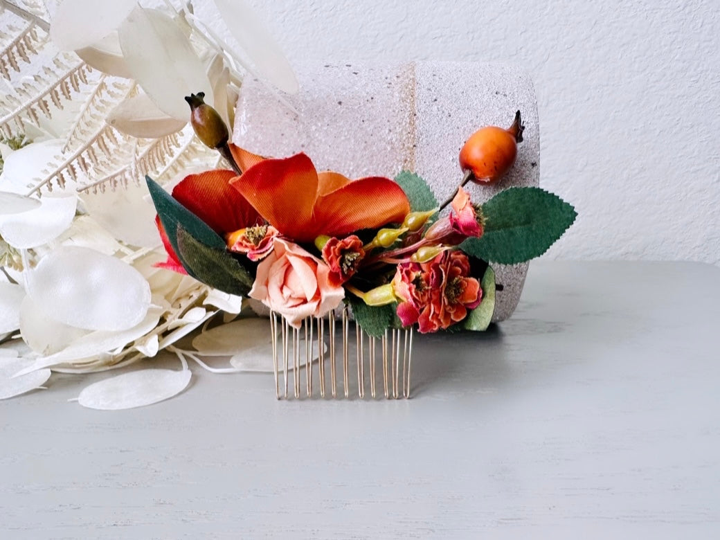 Burnt Orange Flower Hair Comb, Autumn Hair Comb, Fall Wedding Hair, One of a Kind Handmade Hair Comb, Rustic Bridal Hair Accessories