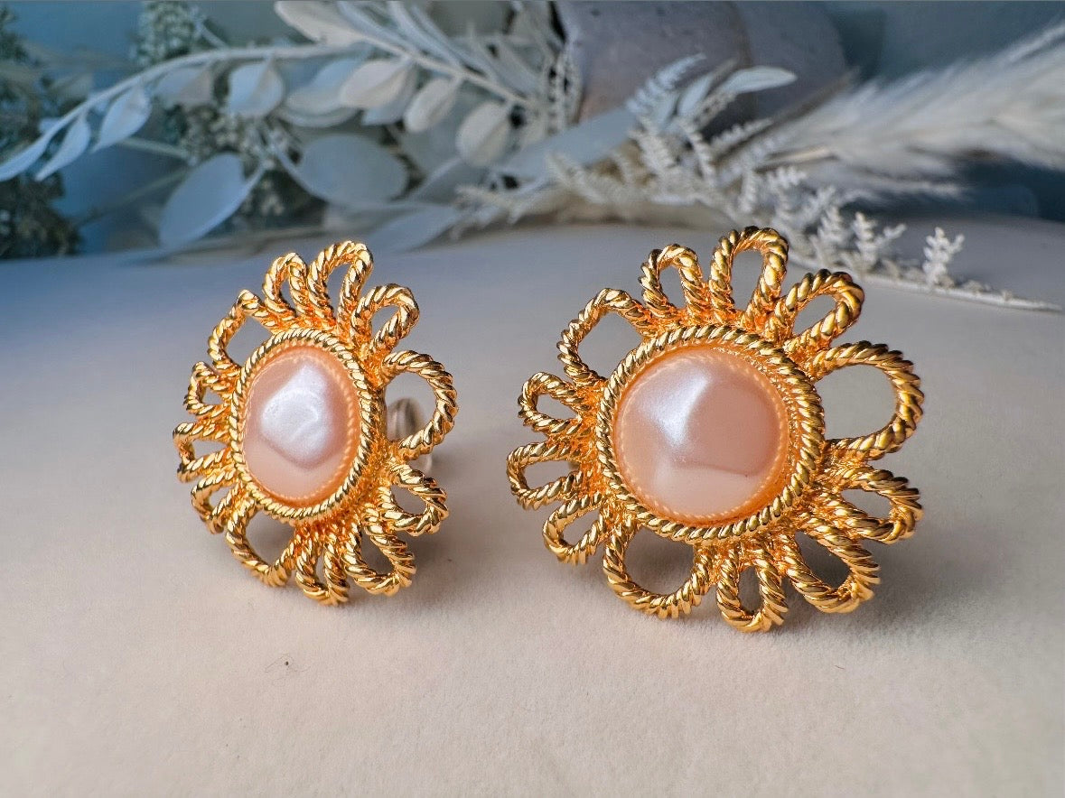 Vintage Blush Pearl Earrings, Gorgeous Pink Faux Pearl Cabochon & Burnished Gold Floral Clip On Earrings