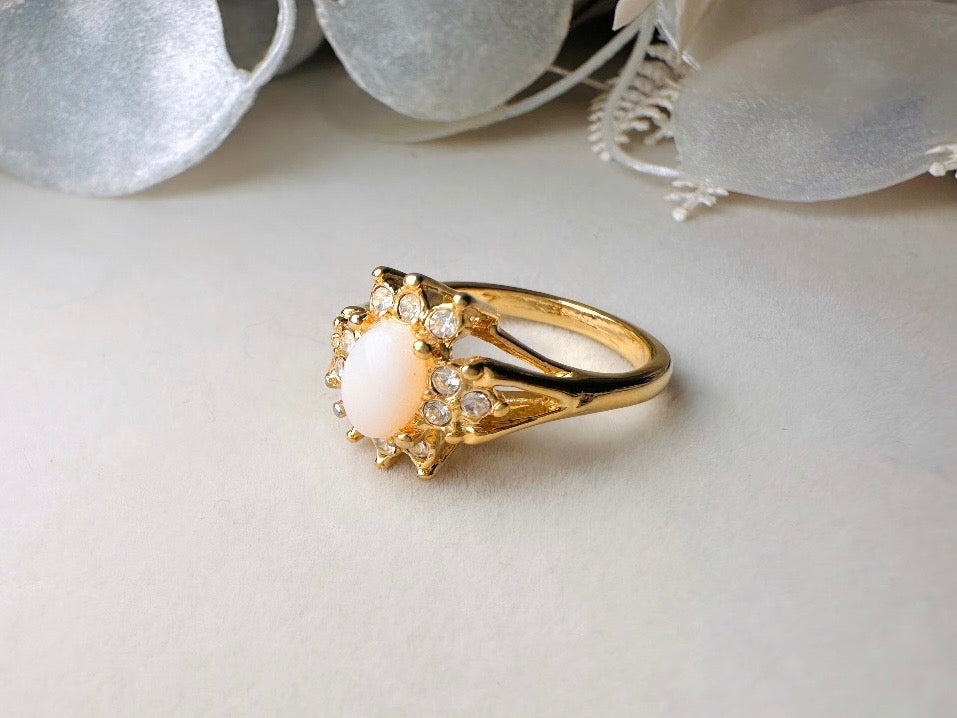 Vintage Cocktail Ring, Faux Opal and Diamond Rhinestone 1960's Costume Fashion Ring, Gold Toned Diamond Hollywood Regency Ring Size 6.5