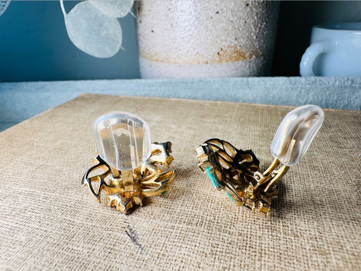 Vintage Enamel Flower Earrings, 1940s Charel Gold Floral Earrings w Green & Cream Painted  Flower Clusters, Clip On Designer Signed Earrings