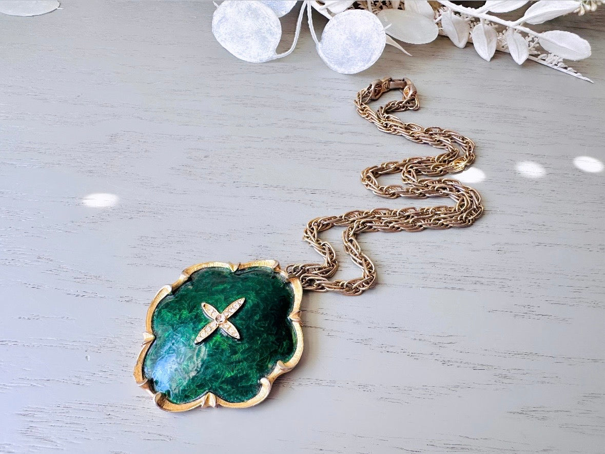 Vintage Green Pendant Necklace, Rare Vintage Marvella Necklace, Green and Gold Long Chain Necklace for Layering, Ornate Rhinestone Detail