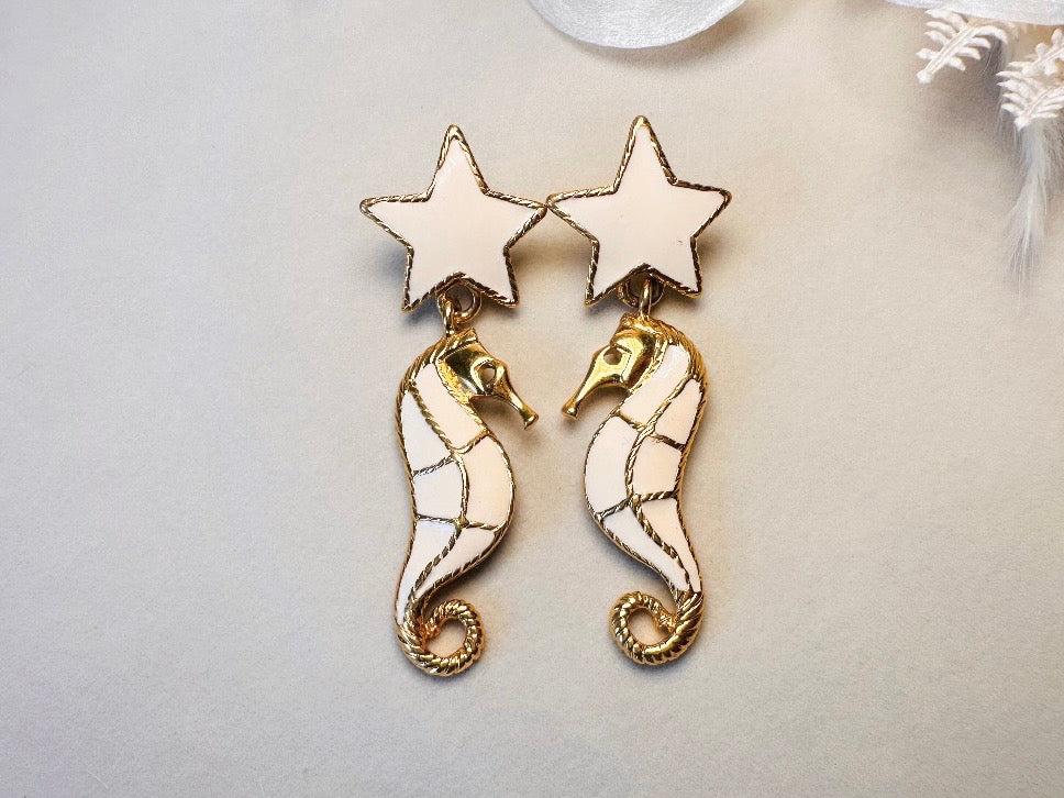 Trifari Seahorse Earrings, Vintage Gold Plated Cream Enamel Seahorses and Stars, Vintage Pierced Dangle Stud Earrings, Designer Vintage