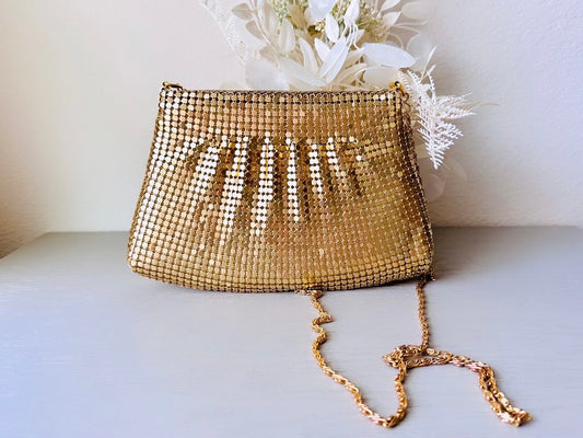 Vintage Gold Purse, Gold Mesh Evening Bag by Warren Reed with Chain Shoulder Strap, Classic Old Money Clutch Bag w Pleated Front Detailing