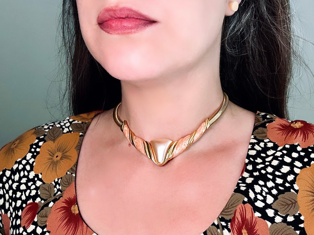 1980's Napier Necklace, Vintage 80s Peach and Gold Enamel Choker Necklace, Geometric Bib Necklace, Pearlized Retro Gold Collar Necklace