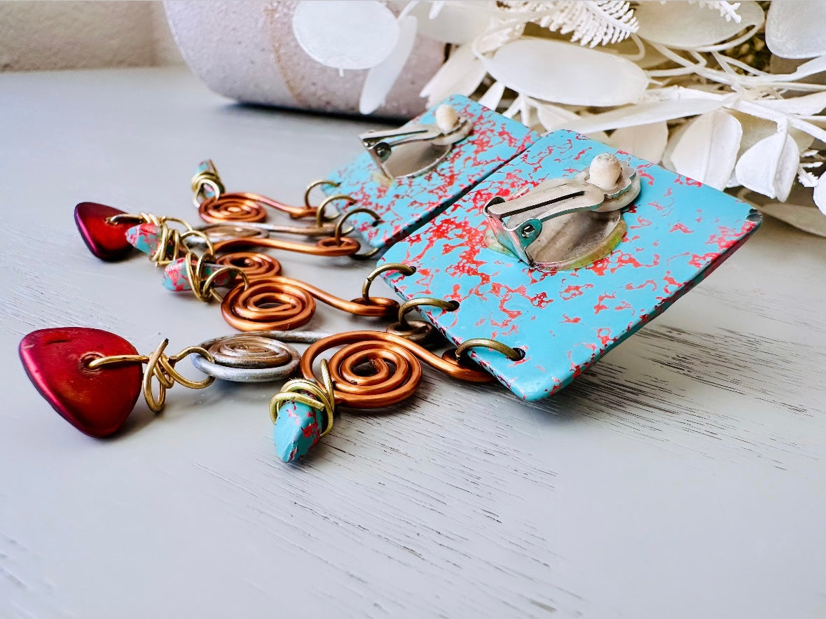 80s Funky Statement Earrings, Red and Turquoise Vintage Oversized Clip-On Soutwestern Earrings with Coiled Wirework, Big Unique Earrings