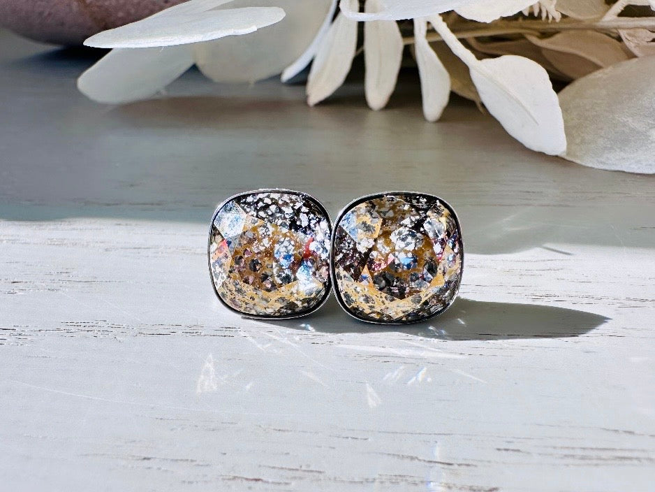 Swarovski Crystal Earrings, Cushion Cut Faceted Earrings, Sparkling Patina Holiday Party Cocktail Stud Earrings, Rare Square Rhinestone Stud