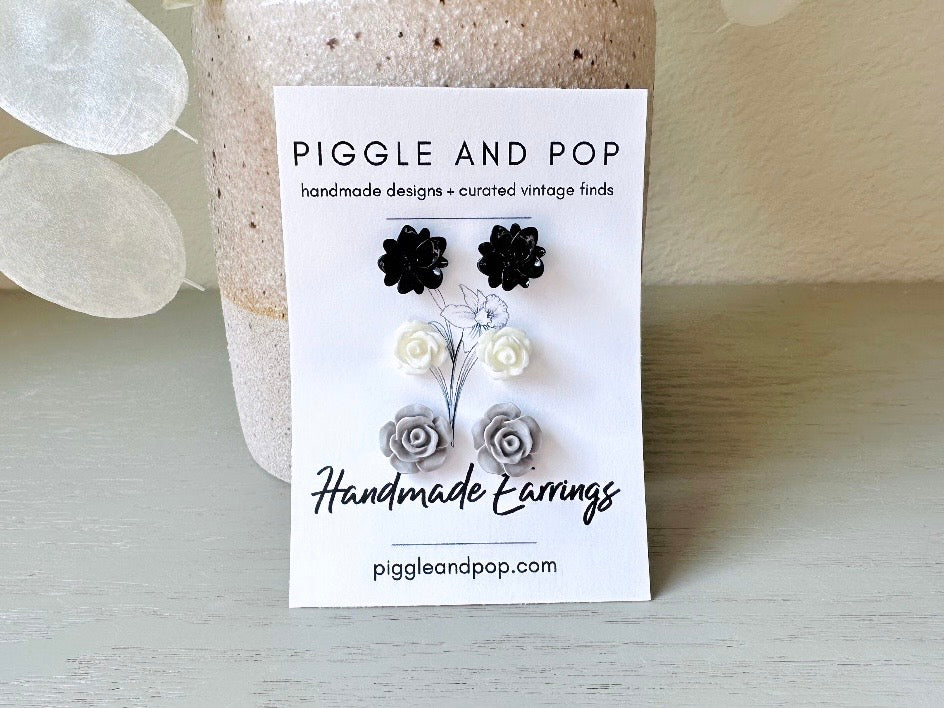 Black White Grey Flower Stud Earrings Set, Small Resin Flower Earrings, Monochrome Post Earrings, Matte and Glossy Black and White Earring Stud Set FSE3