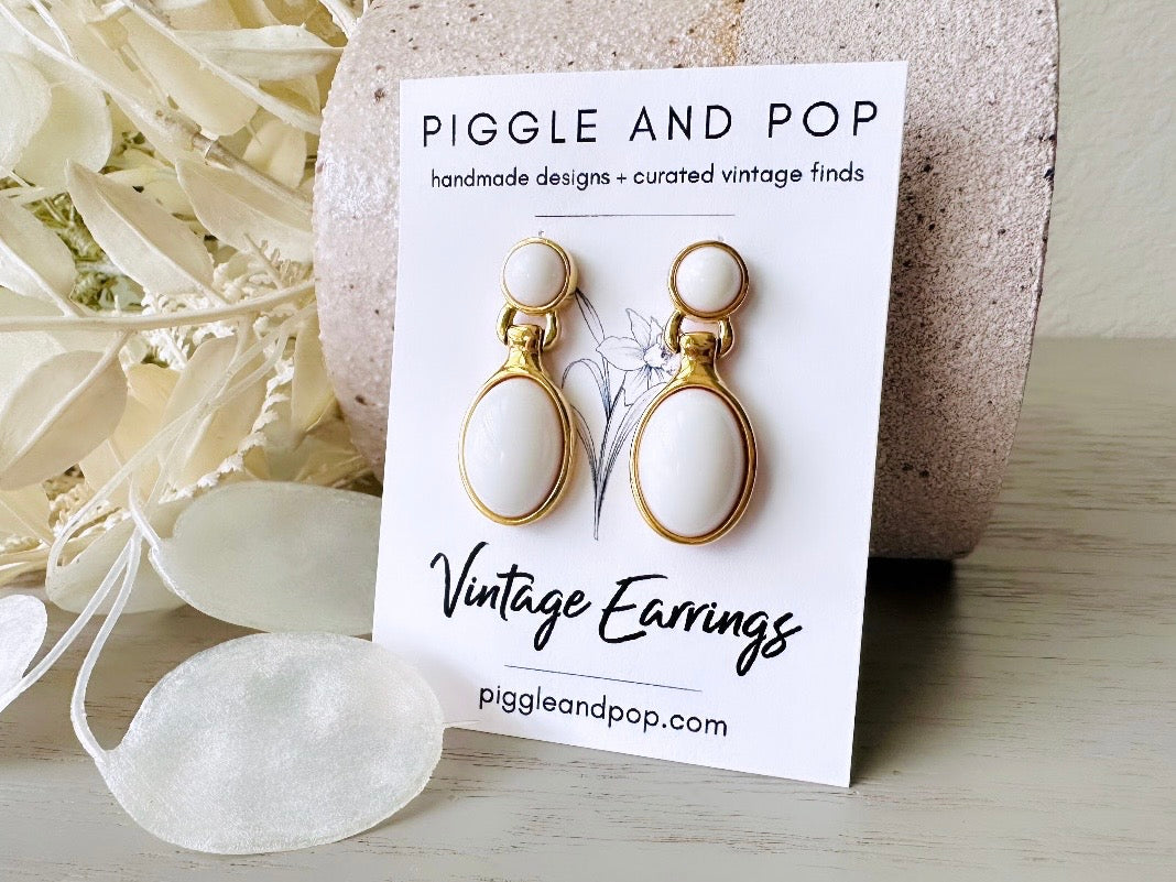 Monet White Drop Earrings, Classic White and Gold Vintage Earrings, 1980s Pierced Post Dangle Earrings, Simple Chic Wedding Earrings
