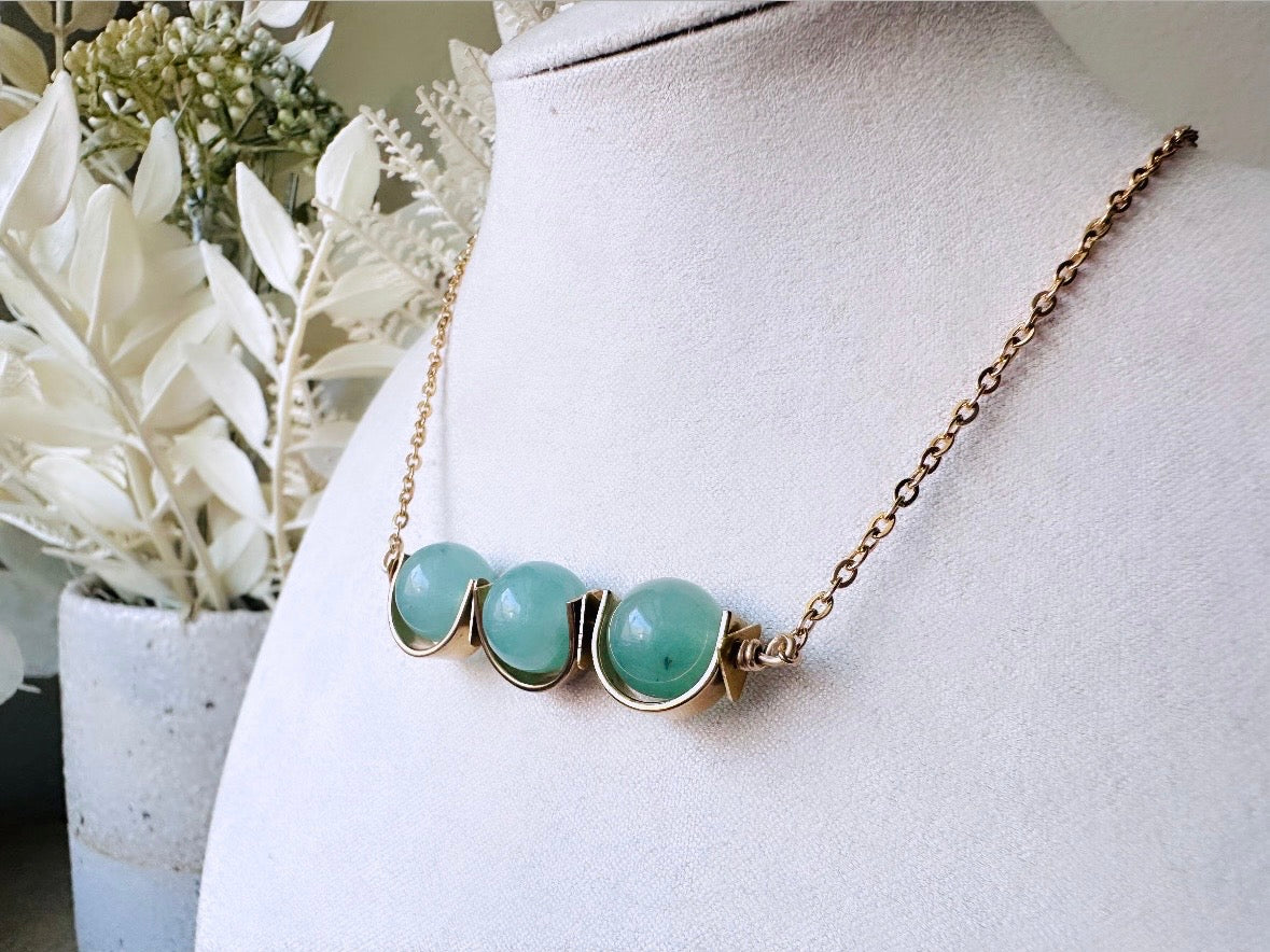 Green Aventurine + Raw Brass Necklace, Green Gemstone Triple Bead Half Moon Brass Frame Minimalist Sleek Stone 14kt Gold Handmade Necklace