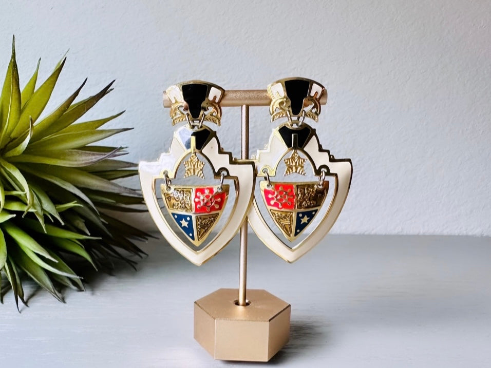 Huge Vintage Shield Berebi Earrings, 1980s Runway Chic Earrings, Dramatic Maximalist Earrings, Pierced Enamel Coat of Arms Earrings