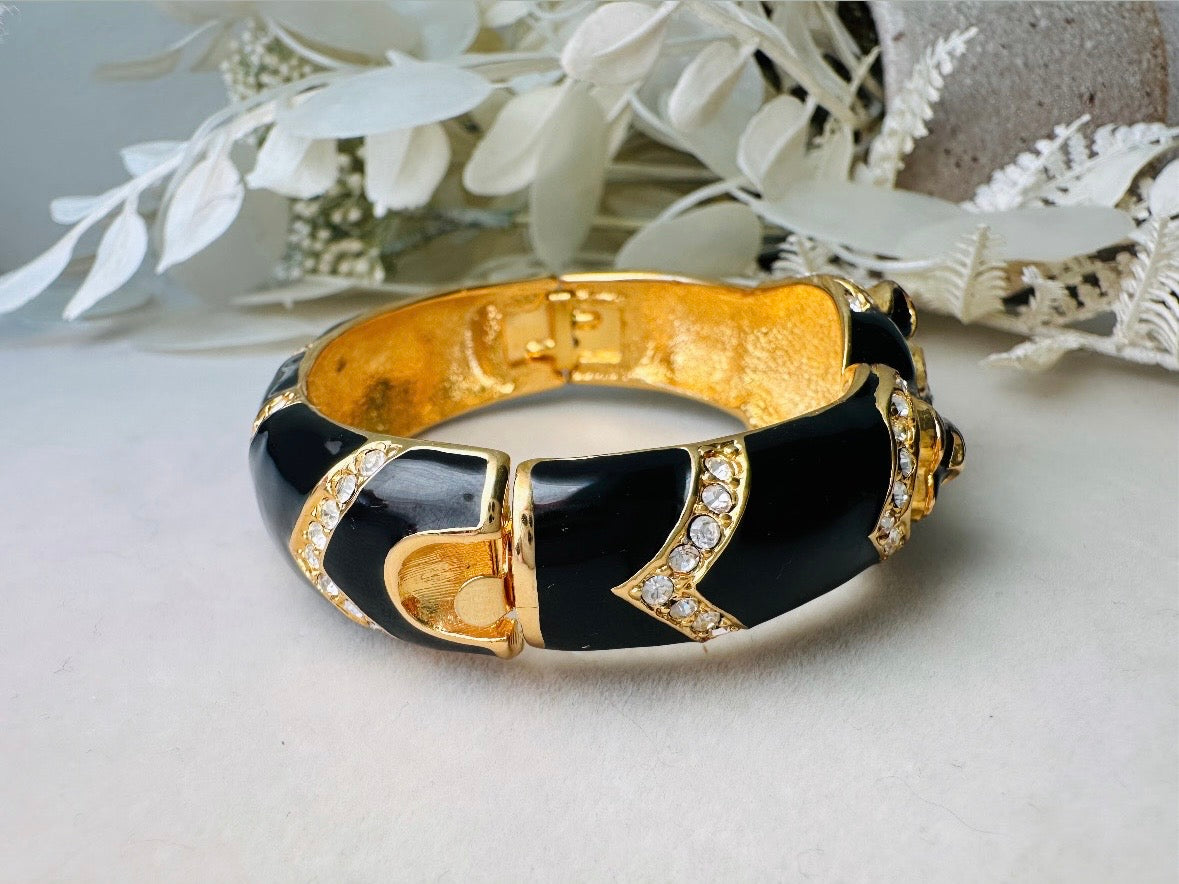 Vintage Giorgio Black Panther Bracelet, Black Enamel Pave Rhinestone and Gold Signed 80s Designer Cuff