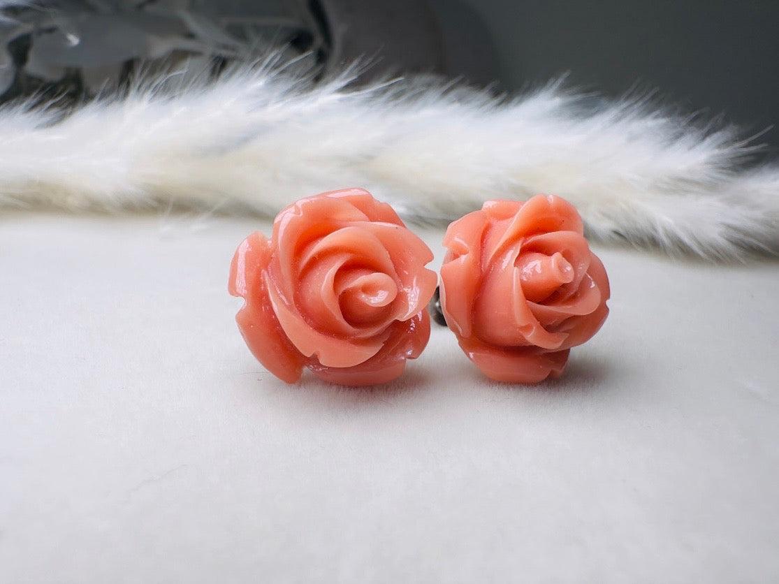 Coral Pink Rose Earrings, Large Rose Stud Earrings, Resin Cabochon Rosettes Hypoallergenic Surgical Steel Handmade Earrings Sensitive Ears