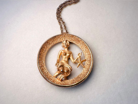 RARE Vintage Virgo Zodiac Necklace, Signed Trifari Star Sign Astrology Necklace September Birthday Gift Necklace, Long Gold Pendant Necklace