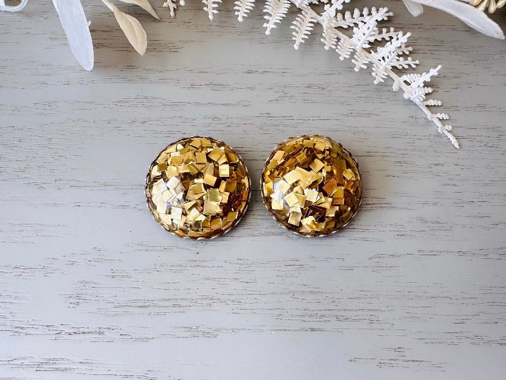 Gold Confetti Earrings, Sparkling Gold Foil Party Earrings, Fun Vintage Confetti Earrings, Clip On Gold Foil Glitter Earrings