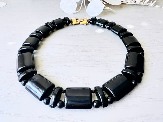 Vintage Black Monet Necklace, Runway Couture Jet Black Lucite Beaded Necklace w Stunning Gold Clasp, Rare Signed Designer Vintage Necklace