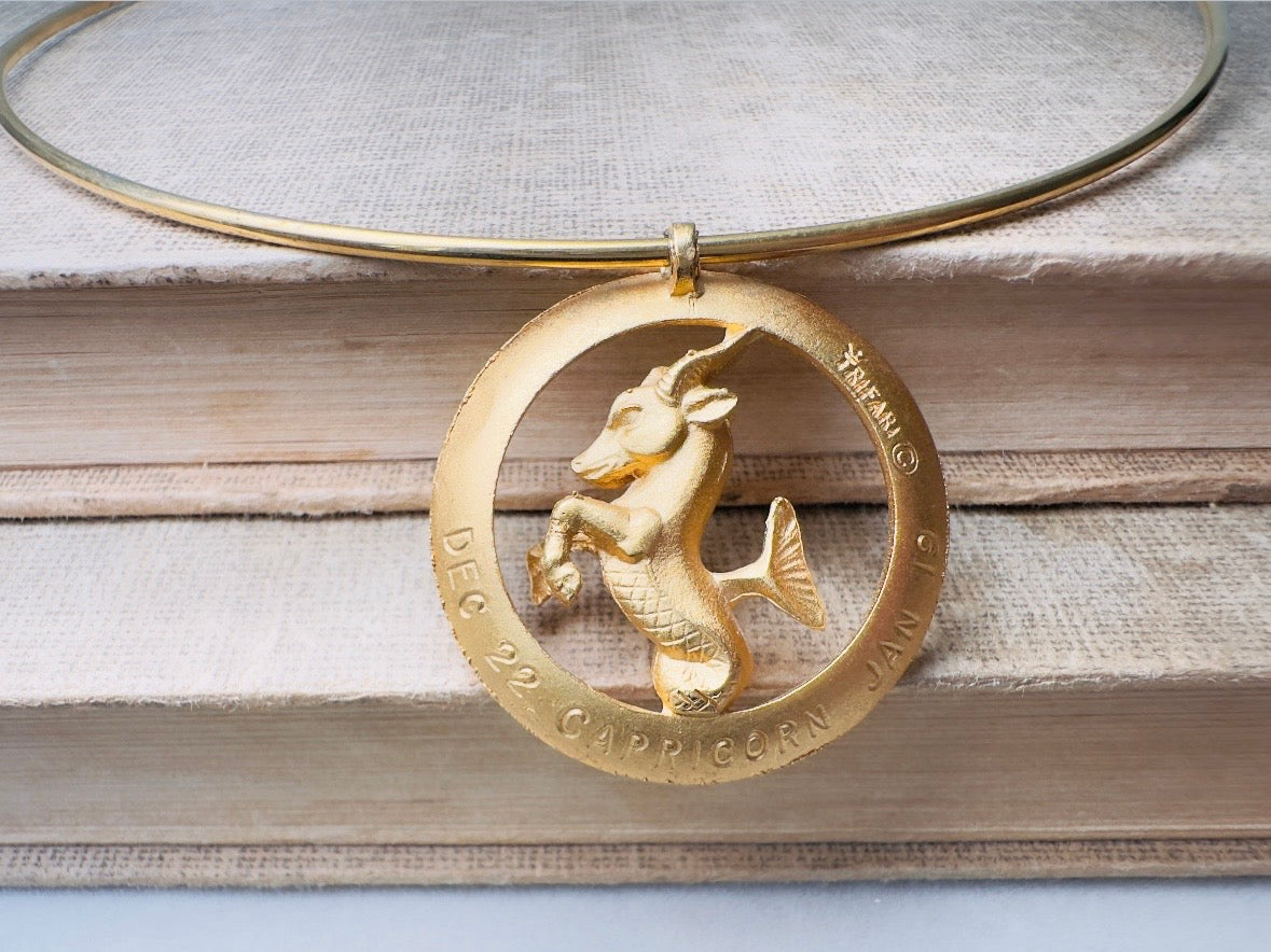 Capricorn Zodiac Necklace, Rare Signed Crown Trifari Designer Matte Gold Hoop Choker Astrology Necklace