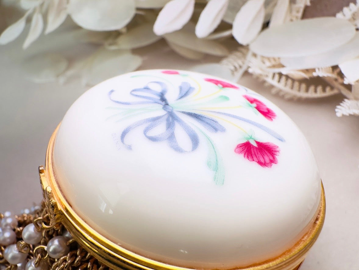 Vintage Lenox Trinket Box, Floral Porcelain Miniature Jewelry Box, Retired Cream Ceramic with Gold Accents, Pink Flowers, Blue Ribbon