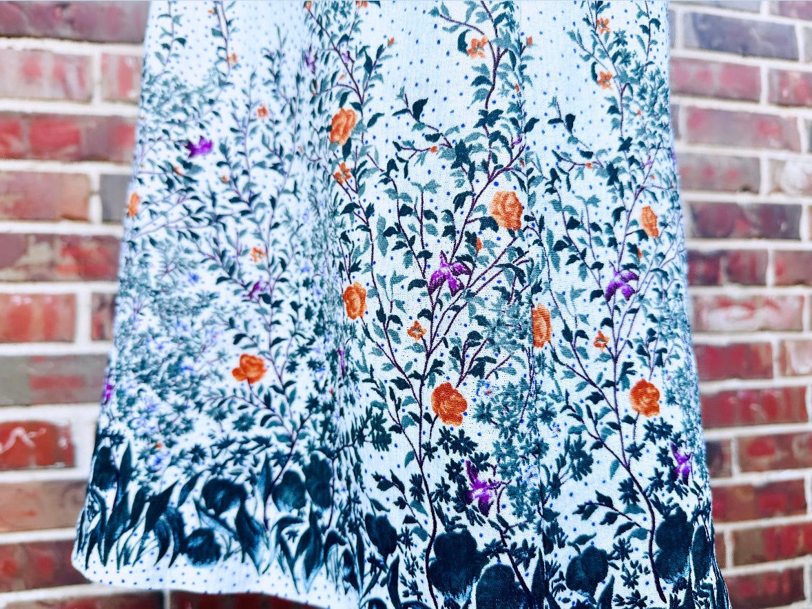 1970s Wildflower Dress, Authentic 70s Botanical Print Dress Cream with Green Leaves Orange Purple Flowers Knit Empire Waist, Puffed Sleeve Dress, SizeSmall