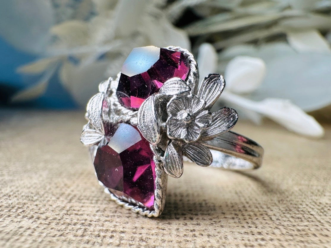 Vintage Heart Cocktail Ring, February Birthstone Purple Heart Ring, 1973 Amethyst and Silver Flowers Double Heart Love Story Sarah Coventry