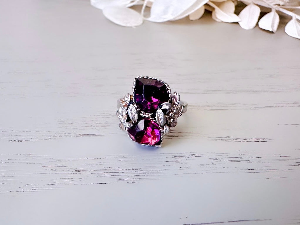 Purple Heart Valentine Ring, February Birthstone Ring, Vintage 1973 Amethyst Ring, Double Heart Love Story Cocktail Ring Sarah Coventry