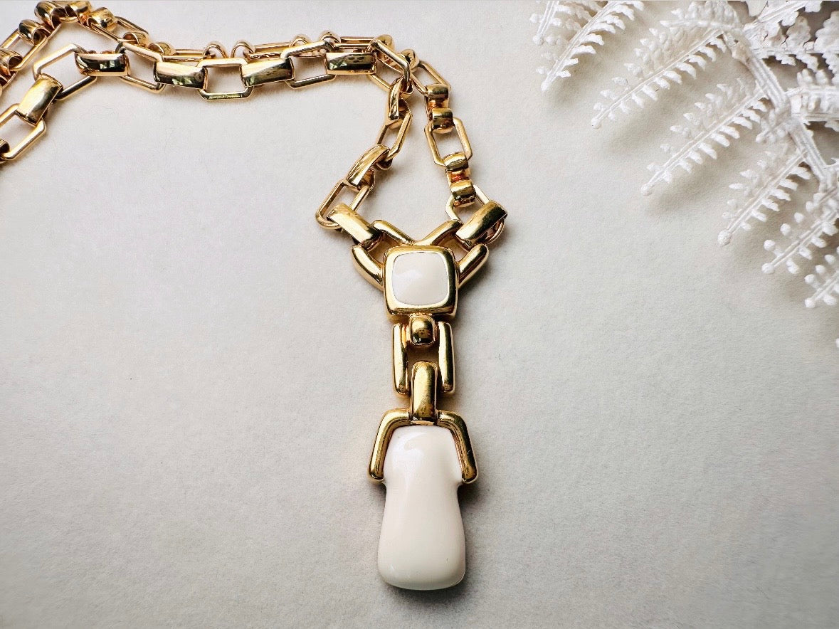 Vintage Y Necklace, Monet Necklace in Cream and Gold, Bold 1970s Vintage Geometric Chain Y Drop Necklace,