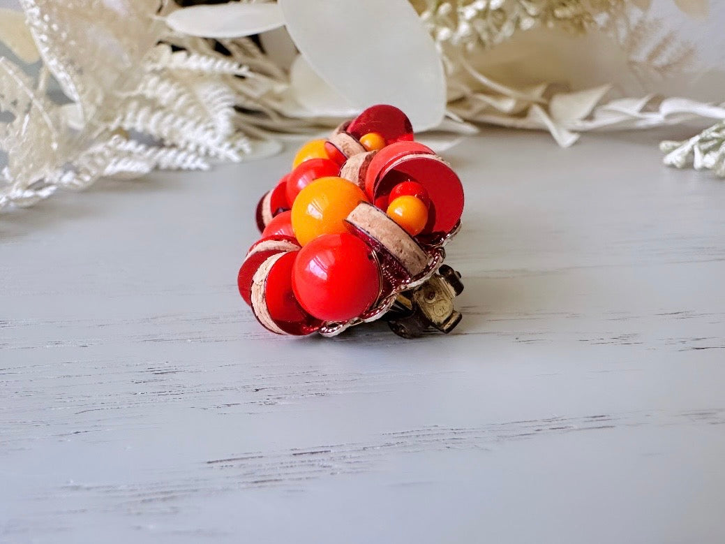 Vibrant 1960s Earrings, Red + Orange Vintage Beaded Clip On Earrings, Japanese Earrings w Wood Discs and Rhinestones, Authentic 60s Earrings