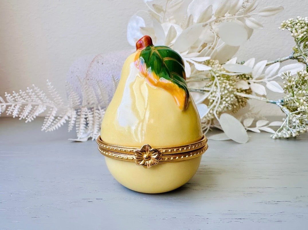 Vintage Pear Trinket Box, French Country Vintage Porcelain Vanity Dresser Mini Jewelry Box, Golden Pear with Green Leaves + Gold Accents