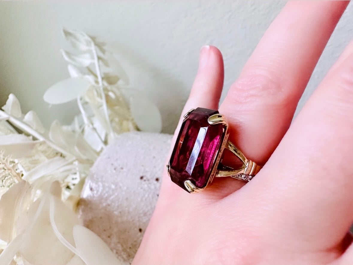 Vintage 70s Ring, Large Solitaire Simulated Amethyst Rectangle Emerald Cut 1978 Smoky Lustre February Birthstone Cocktail Ring, Chunky Costume Jewelry