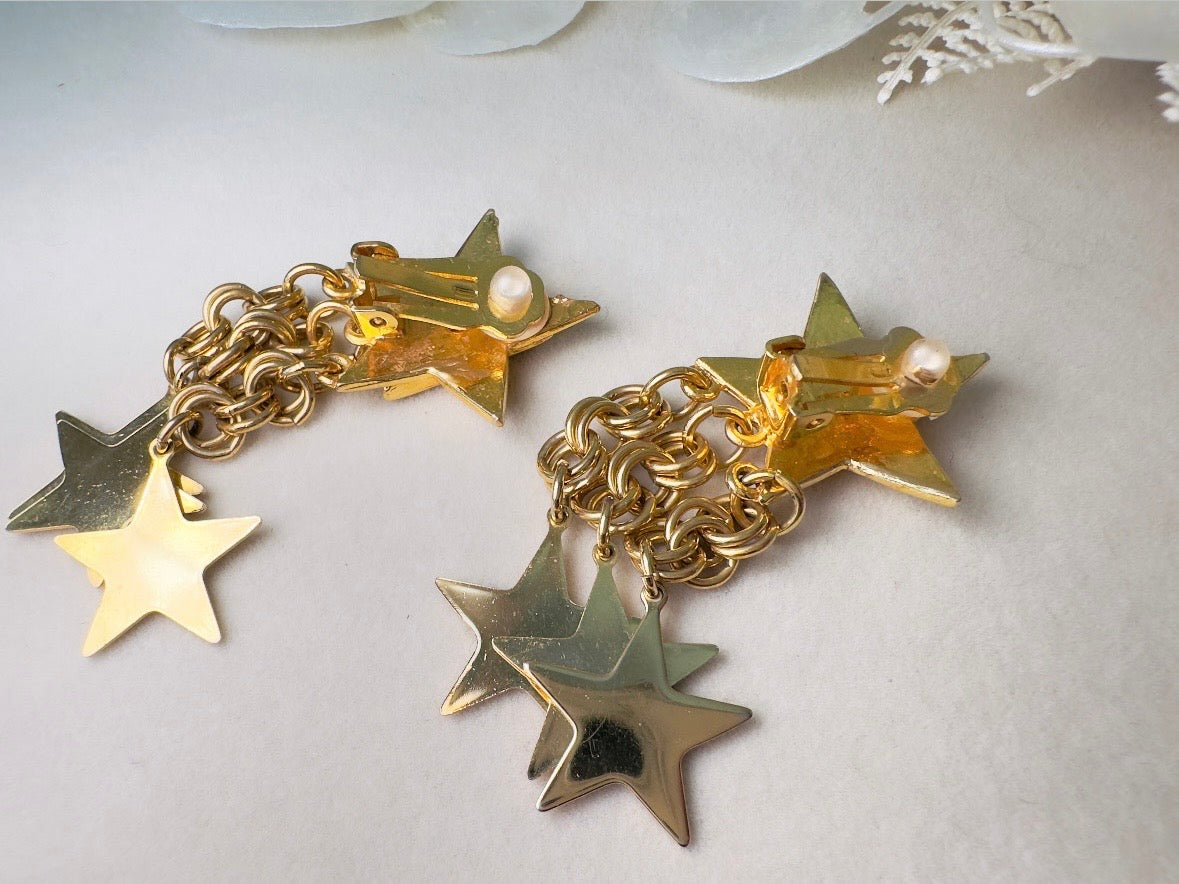 Vintage Star Earrings, Gold Star Pave Rhinestone Chain Tassel Clip Ons