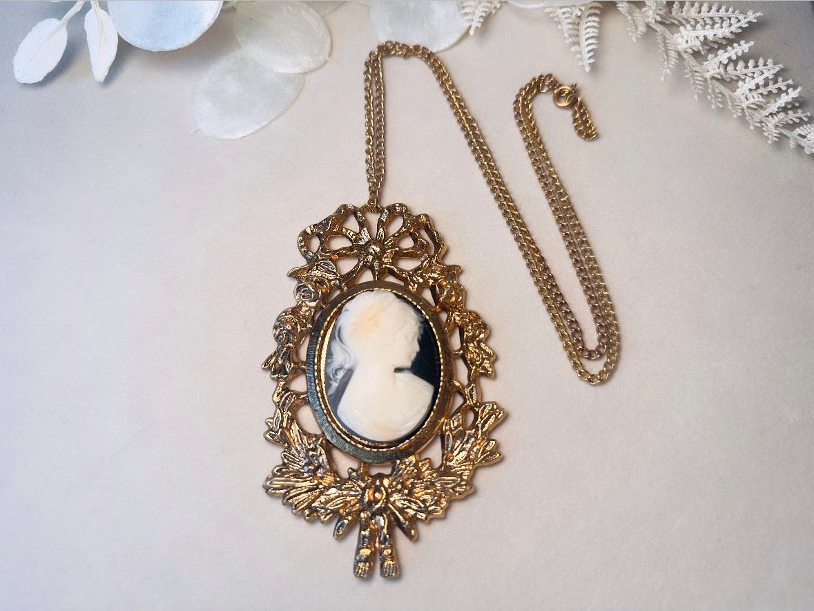 Victorian Cameo Necklace, Vintage Oversized Antique Gold Pendant Necklace with Black and Cream Cameo