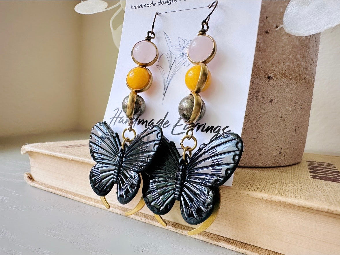 Gemstone Butterfly Earrings, Whimsical Boho Handmade Earrings, Rose Quartz Yellow Jade & Pyrite Orbs in Bronze Frames Black Butterfly Moon