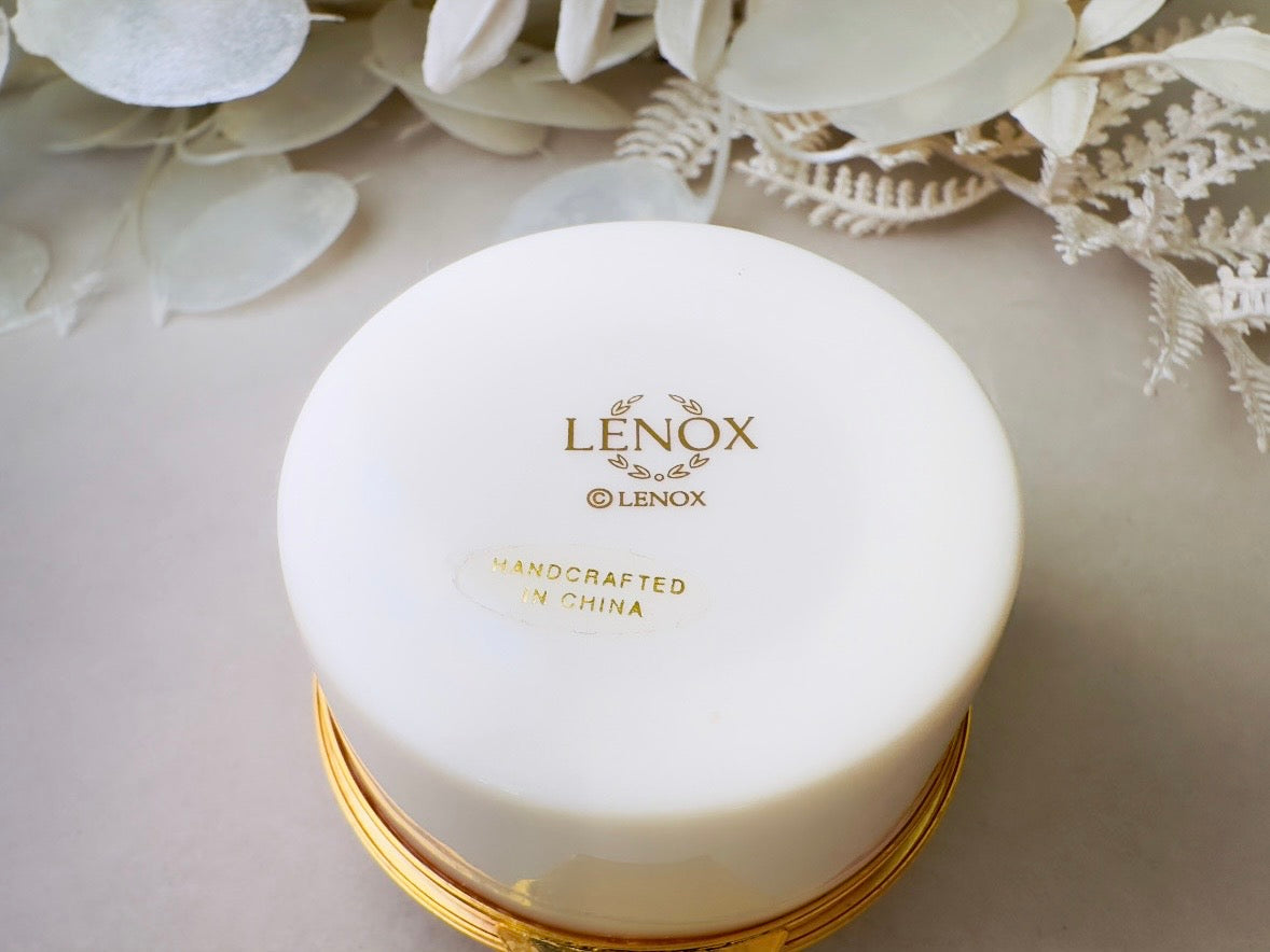 Vintage Lenox Trinket Box, Floral Porcelain Miniature Jewelry Box, Retired Cream Ceramic with Gold Accents, Pink Flowers, Blue Ribbon