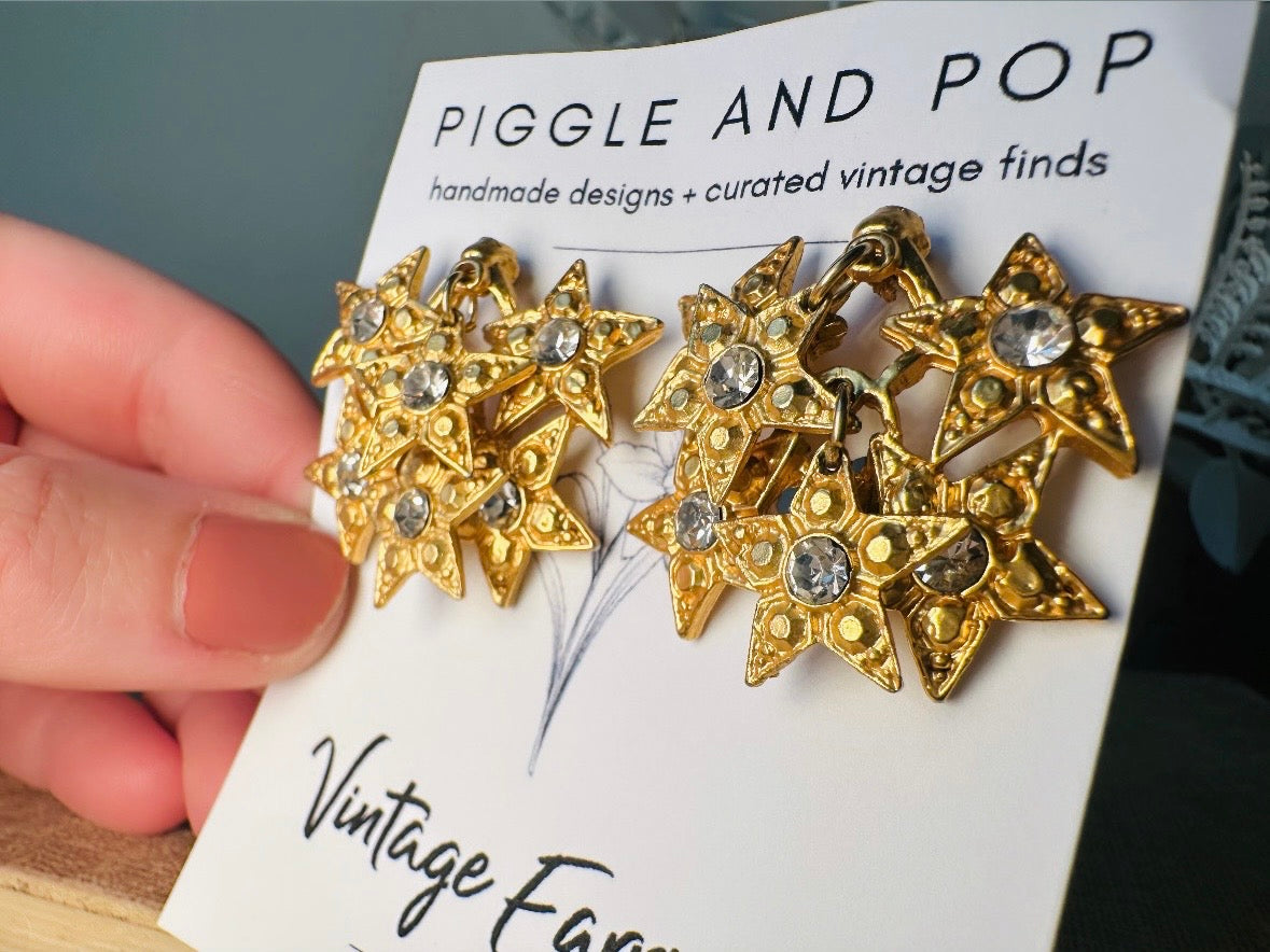 Vintage Star Earrings, Dimensional Gold and Rhinestone Statement Earrings, Unique Celestial Dangle Earrings, Star Charm Clip Ons