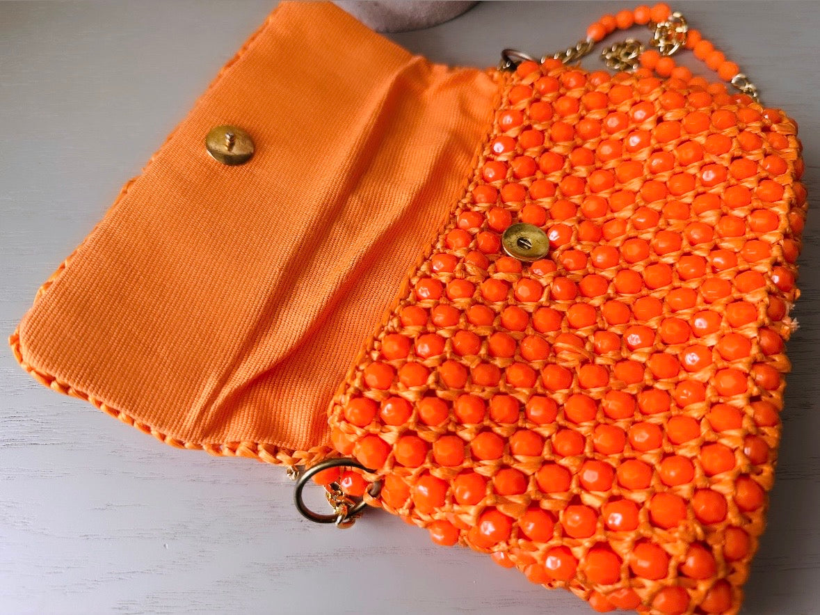 Vintage Orange Handbag, 1960s Beaded Raffia Crossbody Bag in Juicy Orange, Kiss Lock Clutch with Faceted Beaded Chain Strap, Retro 60s Mod