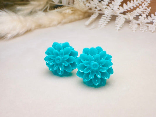 Turquoise Flower Earrings, Teal Chrysanthemum Post Earrings