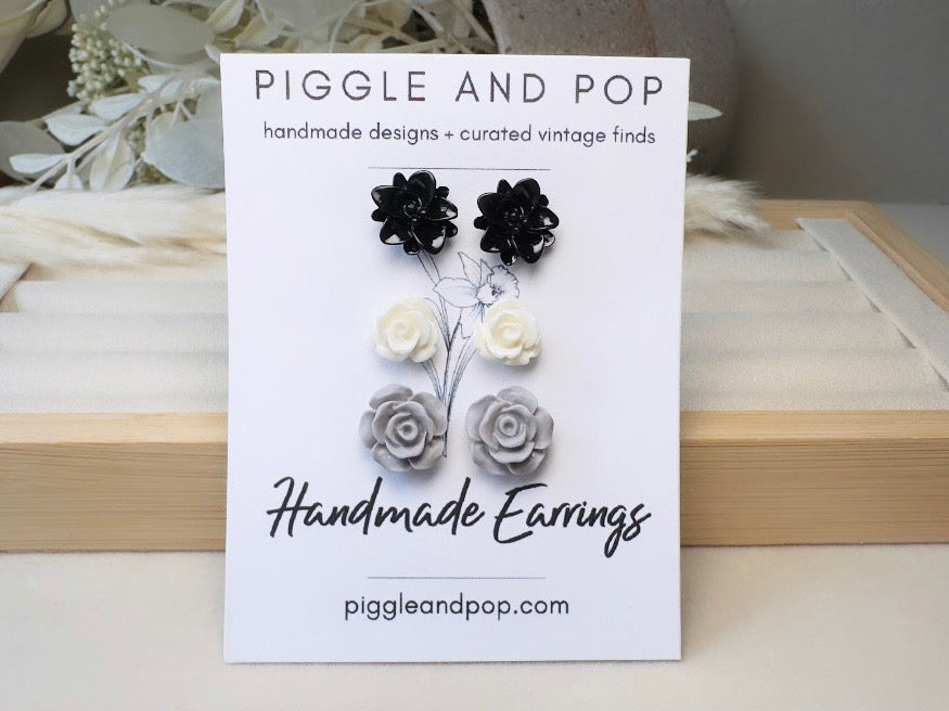 Black White Grey Flower Stud Earrings Set, Small Resin Flower Earrings, Monochrome Post Earrings, Matte and Glossy Black and White Earrings