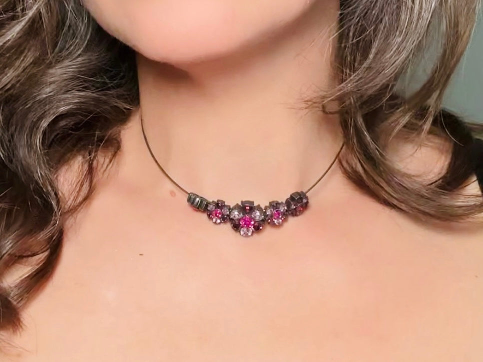 1928 Magenta Pink Rhinestone Floral Bronze Wire Necklace, 90s/Y2K NWT