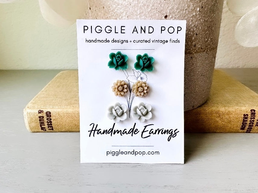 Botanical Post Earrings Set, Flower Stud Earrings in Emerald Green, Latte Brown and Cool Grey Earring Gift Set, Cute Floral Resin Earrings handmade by Piggle and Pop